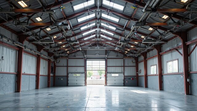 A cavernous industrial space, bathed in natural light through the massive, gray garage doors. Cement tiles gleam on the floor beneath a high, exposed ceiling