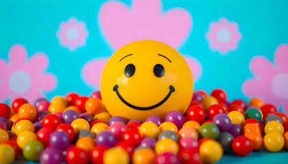 A yellow smiley face ball on a wet surface with leaves in the background
