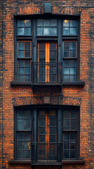 Fototapeta premium A close-up of a brick building facade with large windows, textured details of the masonry, overcast lighting for a rustic and urban feel
