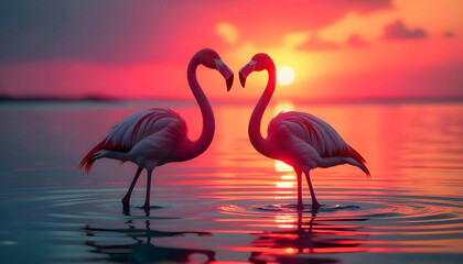 Fototapeta premium Candid image, photography, natural textures, highly realistic light, editorial, Two pink flamingos, one male and one female, standing in clear shallow water. The sunset is a dramatic array of warm col