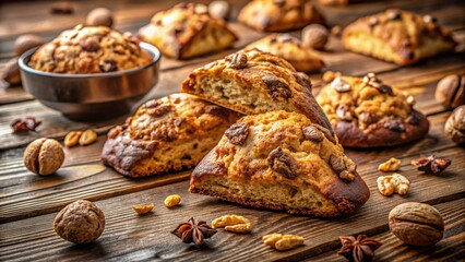 Delicious Chocolate Walnut Scones on Rustic Wooden Table - Architectural Photography