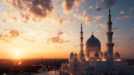 Fototapeta premium photorealistic Islamic mosque, The background sky has a gradient from night, with small clouds scattered around. there is lighting and spotlight the mosque