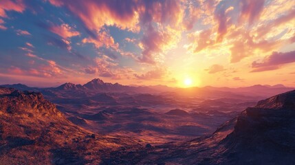 Fototapeta premium Rocky hills against a vivid sunset sky in a remote desert region.