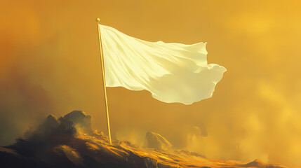 A plain white flag waving gently in the wind on a gold pole. Windshard. Illustration