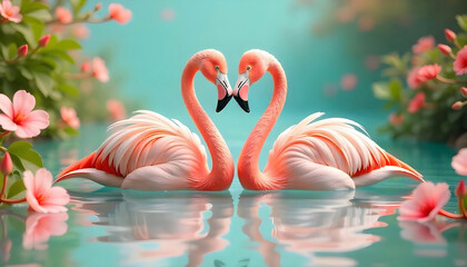 Two pink flamingos standing in shallow water, forming a heart shape with their necks against a soft, pastel-colored background