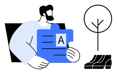 Man holding blue puzzle piece with letter A, seated with black and white tree and bench outline. Ideal for creativity, problem-solving, collaboration, education, environment, teaching, design