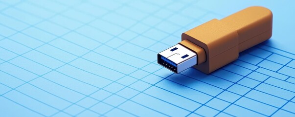 Fototapeta premium Digital encryption concepts in forensic technology. A close-up of a USB flash drive on a blue grid background, showcasing its distinctive orange casing and metallic connector.