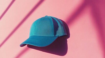 Fototapeta premium A blue cap resting on a soft pastel pink background, with gentle light highlighting its details.