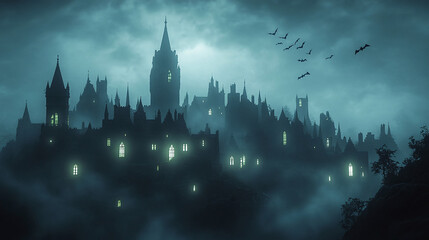 Fototapeta premium Mysterious Castle in Foggy Night with Bats Flying Overhead