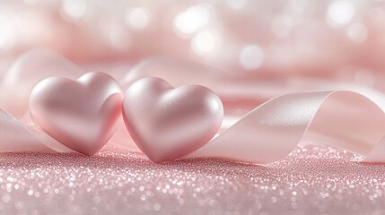 Fototapeta premium Romantic pink heart ornaments with glitter and ribbons