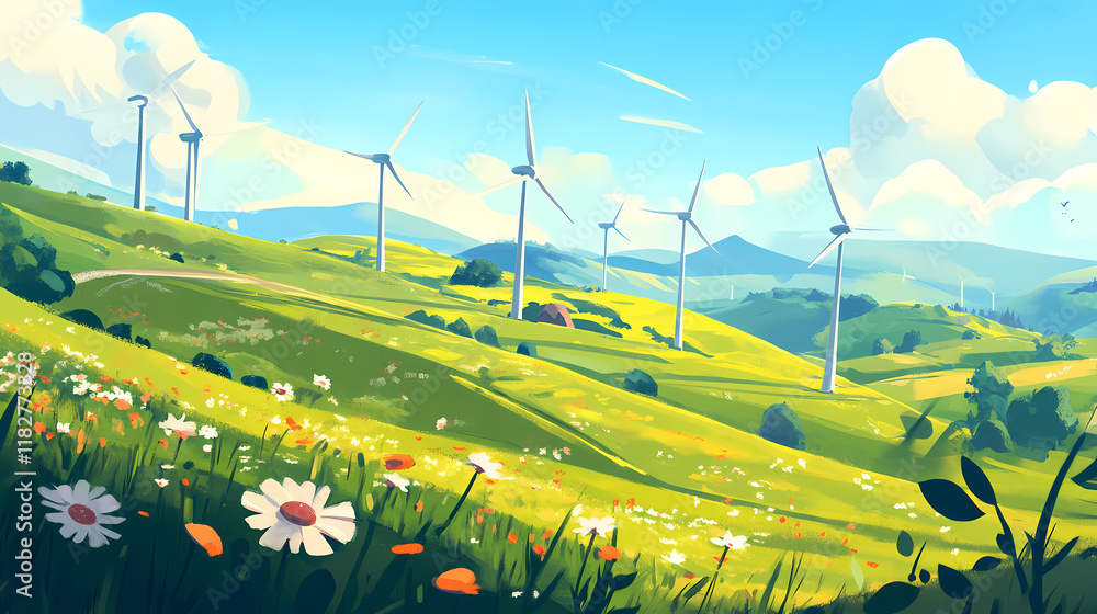 Wall mural an open background with wind turbines on a rolling hill, emphasizing renewable energy sources. winds