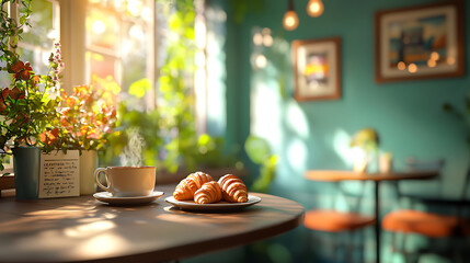 cozy coffee shop corner with cup of espresso and fresh pastries, surrounded by plants and warm sunlight