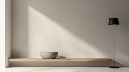 Minimalist interior design featuring a wooden shelf, a bowl, and a black floor lamp in soft lighting. Generative AI