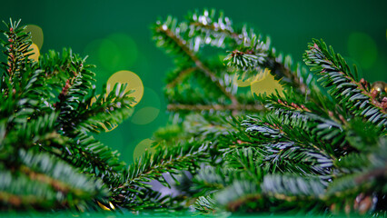 Lush evergreen branches enveloping a scene of soft, glowing bokeh lights create a visually stunning depiction of holiday warmth and joyful celebration.