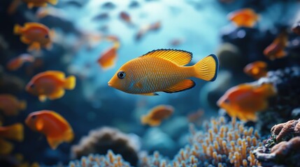 Fototapeta premium Colorful tropical fish swimming among coral reefs in a vibrant underwater ecosystem at midday. Generative AI