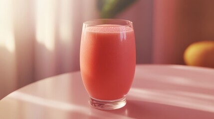 Refreshing fruit drink in a glass on a sunlit table with cozy background decor. Generative AI
