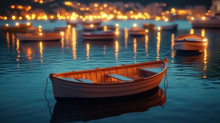 Obraz premium Evening boat resting in calm water with city lights reflecting in the background. Generative AI