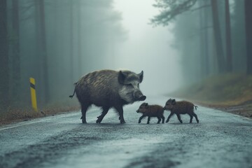 Wild boar and piglets crossing a misty road in a dense forest during early morning hours. Generative AI