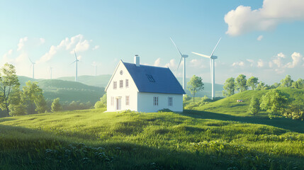 Cozy white house in a lush green landscape with wind turbines in the background, illustrating renewable energy and sustainable living. Windshard. Illustration