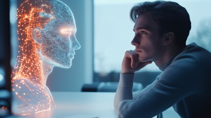 An AI agent acts as a virtual assistant and artificial intelligence representative, providing robot support to a human working at a computer, symbolizing AGI and the singularity