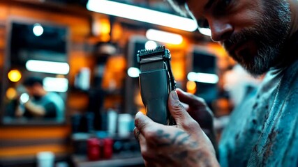 Skilled barber prepares tools for a fresh haircut in a modern salon setting
