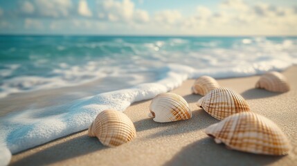 Shells scattered along the sandy beach with gentle waves lapping at the shore during sunset. Generative AI