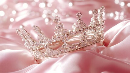 A delicate diamond crown in a box with satin lining, placed on a powder pink background with subtle lighting.