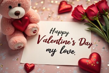 A heartfelt love letter with the words "Happy Valentine's Day, my love" is elegantly placed on a table, surrounded by a plush teddy bear with a heart, flowers, and sparkling decorations