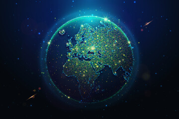 Abstract illustration of glowing world map globe made of neon particles. Blue geometric background depicting planet Earth in space. Educational vector atlas of Europa and Africa continents
