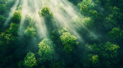 Fototapeta premium Aerial view of dense forest with sunlight streaming through trees, creating serene atmosphere