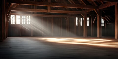 Empty attic with light beams shining through windows, used for storage or background.