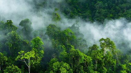foggy forest with lush green trees and mist creating serene atmosphere