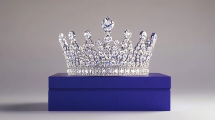 Fototapeta premium A diamond crown sparkles inside a royal blue box, resting on a gradient silver-gray background.