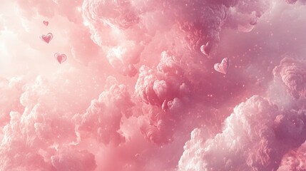 A dreamy Valentine's background with cloud-like textures in soft pinks and whites, accented with tiny glowing hearts floating around