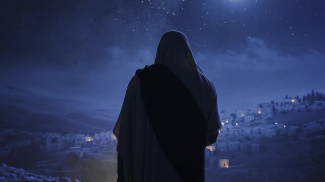 Cloaked Figure Overlooking Ancient Middle Eastern Town At Night Biblical Scene
