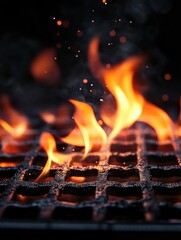 Close-Up View of Flames Dancing Over a Textured Metal Grill Featuring a Dark Background, Capturing the Intensity and Movement of Fire for Culinary or Outdoor Themes