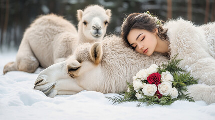 Fototapeta premium A VERY BEAUTIFUL GIRL LYING NEXT TO A WHITE CAMEL IN THE SNOW