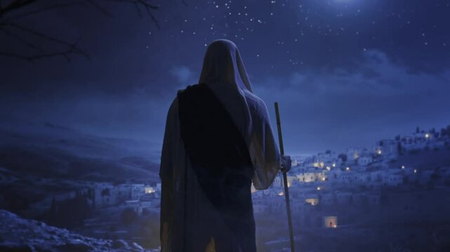 Hooded Figure Overlooks Ancient City At Night Middle Eastern Village Spiritual Journey
