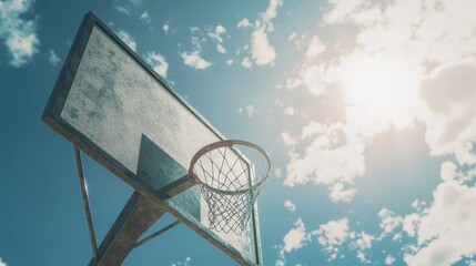 Basketball hoop with a clear sky, the backboard reflecting the sunlight.
