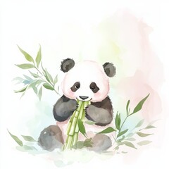 A cute panda illustration featuring the animal munching on bamboo surrounded by green leaves in a soft watercolor style.