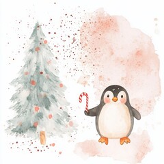 A cute watercolor illustration featuring a penguin holding a candy cane beside a decorated Christmas tree.