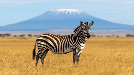 Naklejka premium Zebra standing, African savanna, Kilimanjaro backdrop, wildlife photography