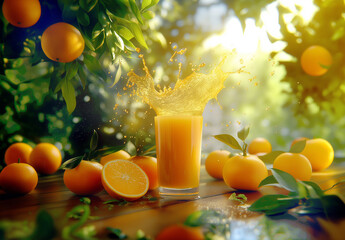 Juicy Oranges and Dynamic Juice Splash in Natural Sunlight
