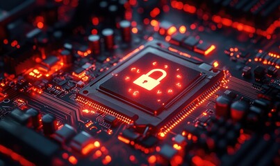 Cybersecurity Focus on Computer Chip with Glowing Red Circuits and High Contrast Lighting