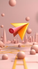 Concept of goal setting motivation timeline. A vibrant paper airplane floats over a whimsical landscape of geometric shapes and soft colors, evoking a sense of creativity and imagination.