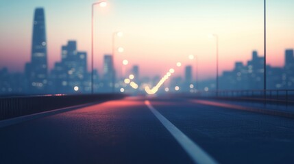 Fototapeta premium City skyline and empty road at dusk with soft lights and blurred buildings in the background. Generative AI