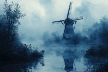 Windmill Landscape in Traditional Dutch Delft Blue and White Art Style