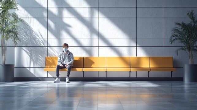 Young person sitting alone on a yellow bench in a bright, modern indoor space with sunlight. Generative AI