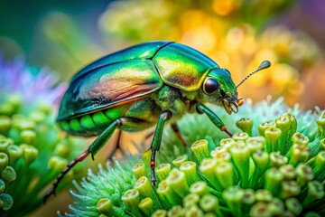 Naklejka premium Double Exposure: Chafer Beetle on Blooming Plant, Nature Macro Photography