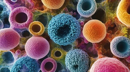 Colorful microscopic view of various cells and particles showcasing intricate details and structures. Generative AI